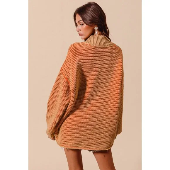 NWT Oversized Orange & Camel Knit Pullover Sweater With Collared Neckline Small - Picture 3 of 9